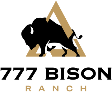 Bison incased by three sevens in a triangle with 777 Bison Ranch underneath the image as text