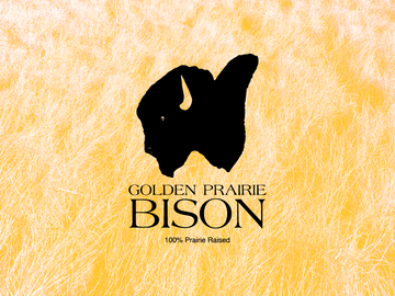 Side view image of black bison head on gold tall grasses. Says Golden Prairie Bison 100% Prairie Raised