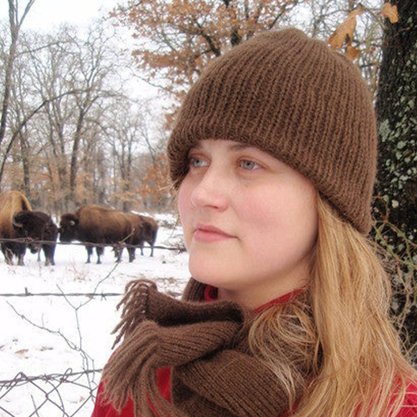 Bison Beanie with polar fleece lining; shown on a petite model