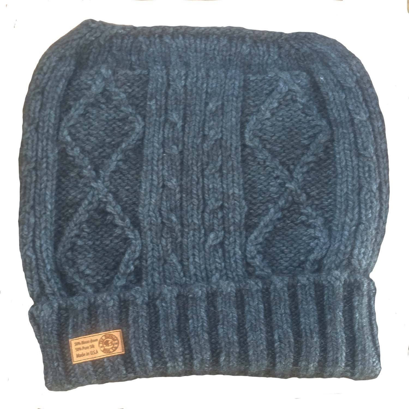 Diamond cabled knitted messy bun hat - Bison & Silk Bison Gear The Buffalo Wool Co. Blue 