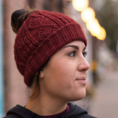 Diamond cabled knitted messy bun hat - Bison & Silk Bison Gear The Buffalo Wool Co. 